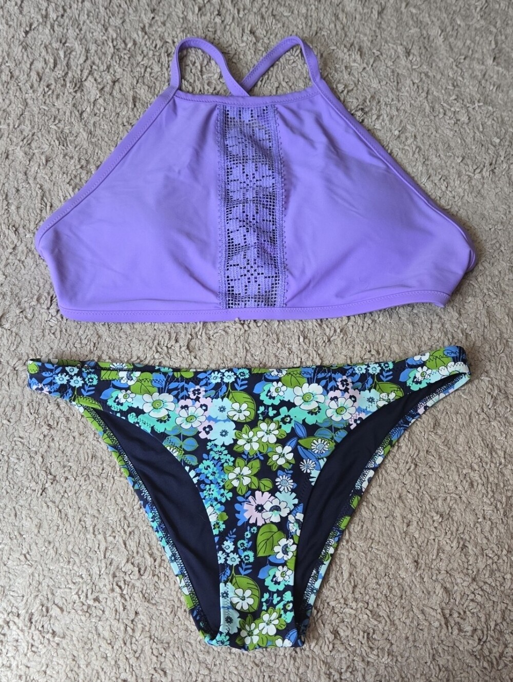 Aerie Lavender High-Neck Swim Top with Floral Bikini Bottom